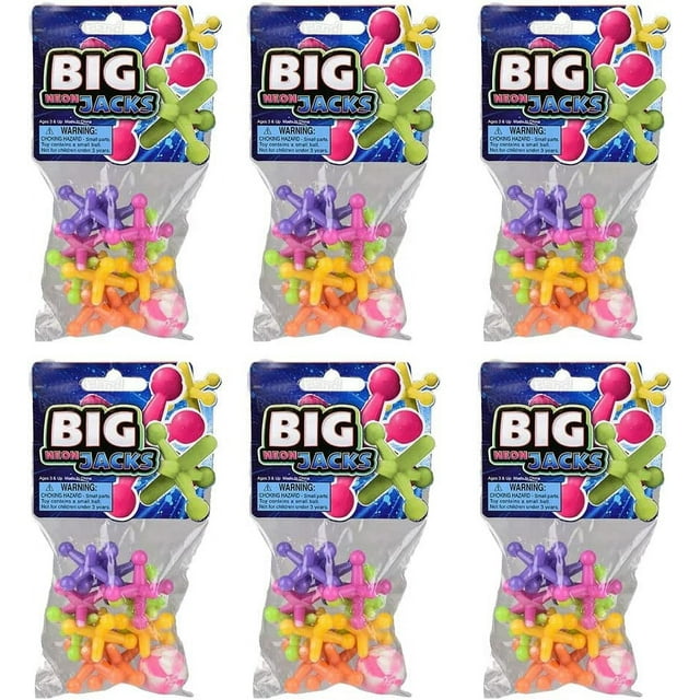 6 Large Neon Plastic Jacks Game Sets Tiny Classic Game Party Favors