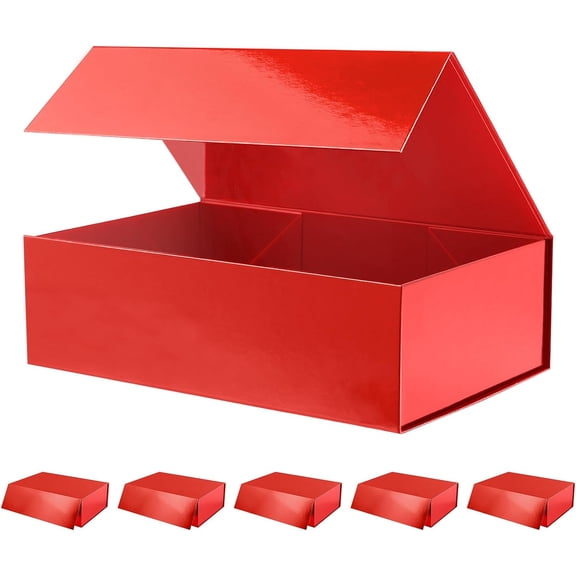 6 Large Red Gift Boxes with Lids 13.5 x 9 x 4.1 Inches Glossy Finish Magnetic Closure