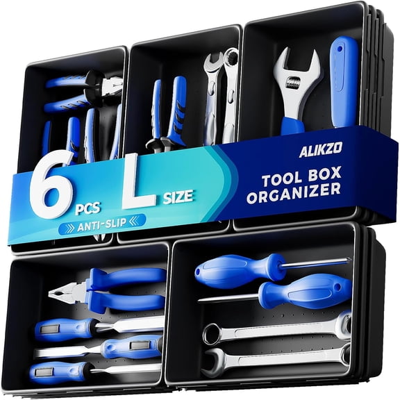 6 Large Tool Box Organizer Trays with EVA Non-Slip Pads, L-Size Desk Drawer Organizer Bins for Garage Tools, Toolbox Storage Trays for Rolling Tool Chest, Desk, Kitchen and Cabinet (L_6PCS_Black)