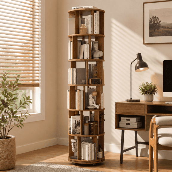 IUNVR Revolving Bookshelf 6-Tier Solid Wood Space-Saving 1-Pack