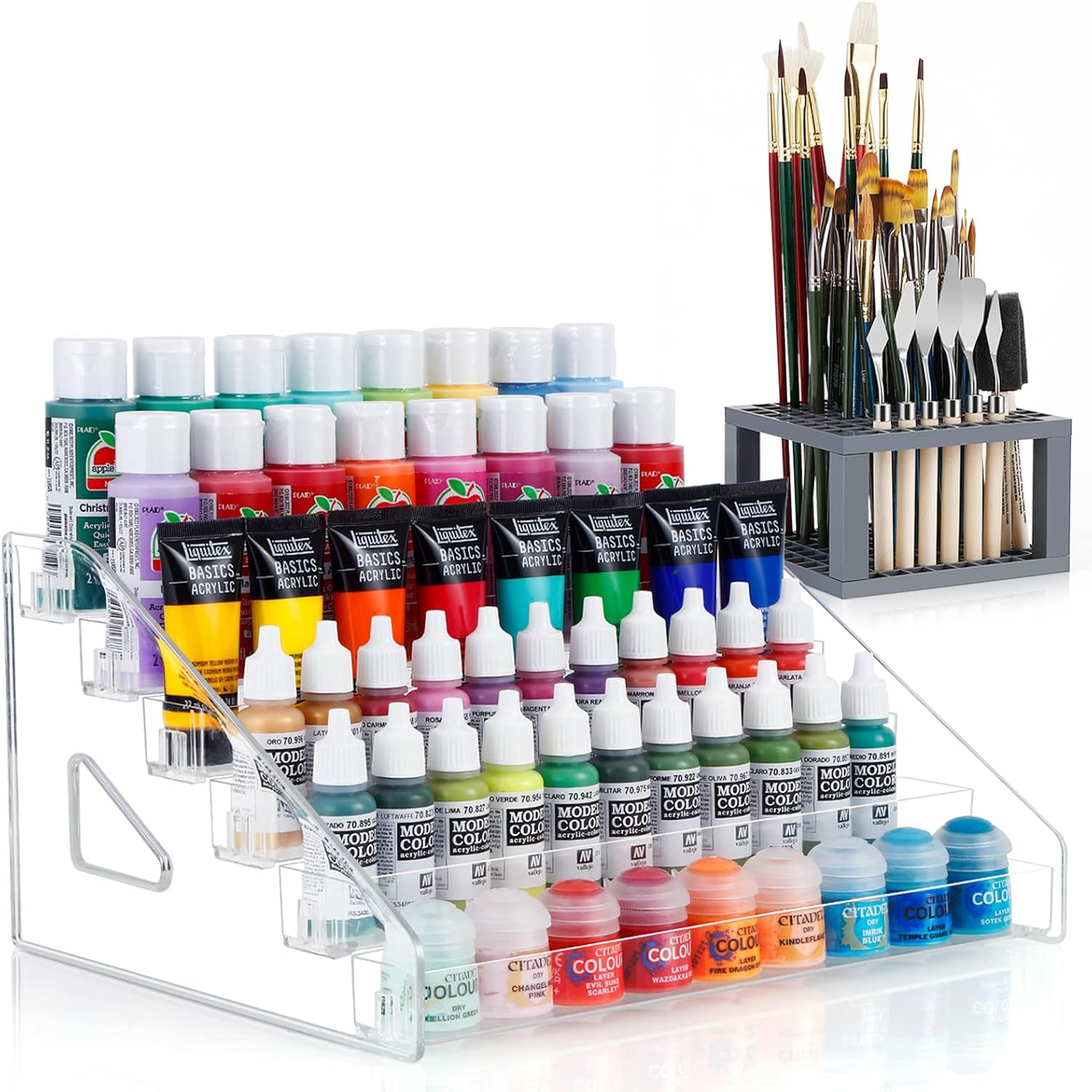 6-Layer Acrylic Organizer with Brush Holder, Easy Assembly Storage Rack for Craft, Hobby & Miniature Models, Light Can Gray