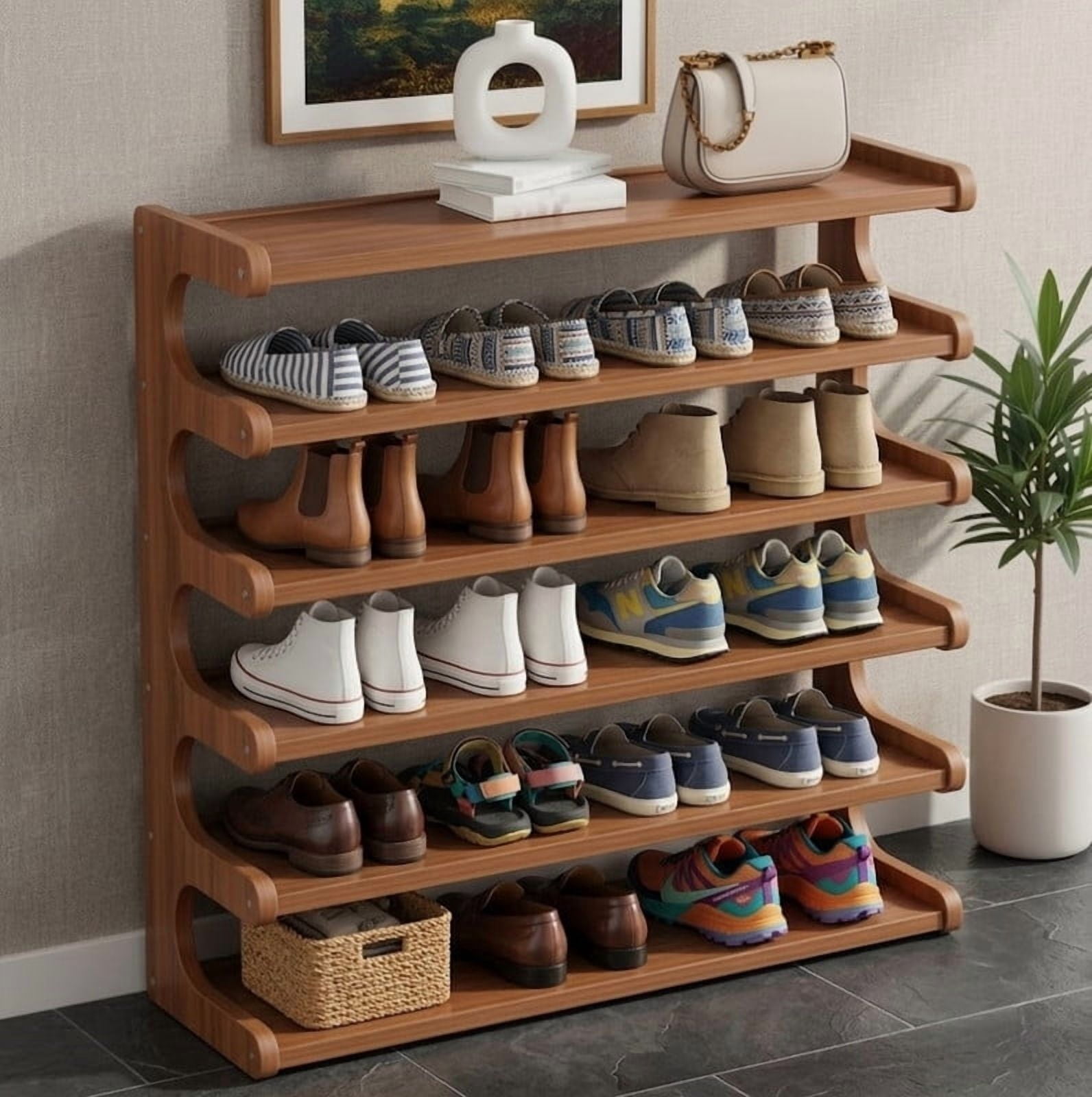 6 Layer Bamboo Shoe Rack, Tall Narrow Shoe Rack Organizer, Multifunction Display Shelf, Space Saving Shoe Organizer Shoe Shelf for Entryway, Closet, Corner, Doorway