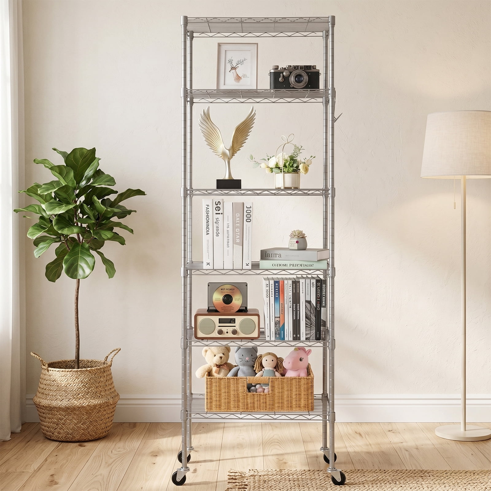 6-Layer Display Rack With Adjustable Layer Spacing, Freely Combinable and Detachable, Featuring A Row of 6 Side Hooks, Adjustable Feet And Wheels