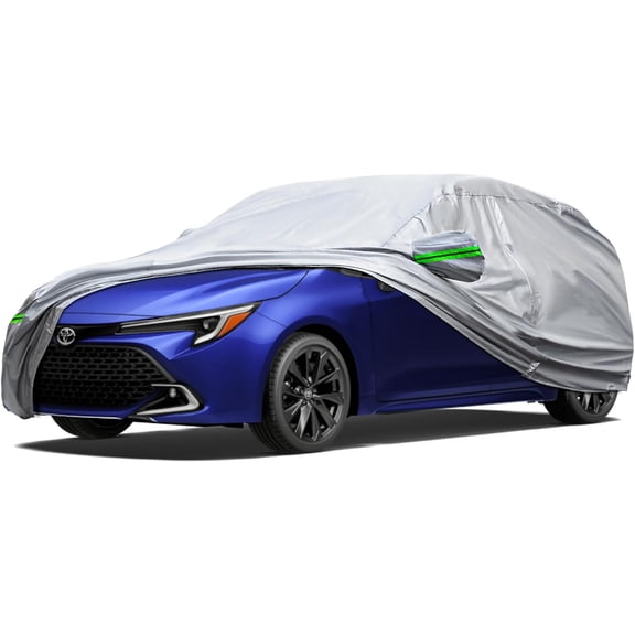6-Layer Full Car Cover is All-Weather Waterproof, All Seasons, Snow Prevention Rainproof, Acid Rainproof, Sunscreen, Ultraviolet-Proof, Fits Hatchbacks up to 173 ", Green Reflective Strip