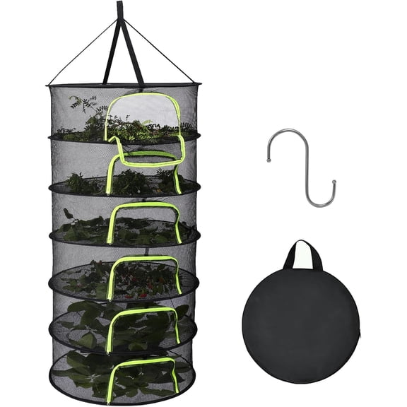 6-Layer Hanging Herb Dryer Rack - with U-Zipper Mesh Net & Hook, Foldable Collapsible Drying Rack for Plants, Herbs, Flowers, Fish, Jerky, Laundry