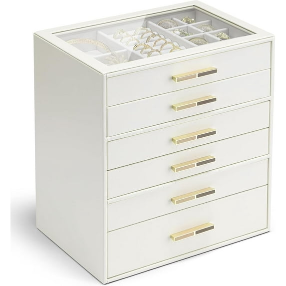 6 Layer Jewelry Box for Women, Glass Lid Jewelry Organizer with 6 Drawers for Necklaces Rings Earrings Bracelets - Cloud White