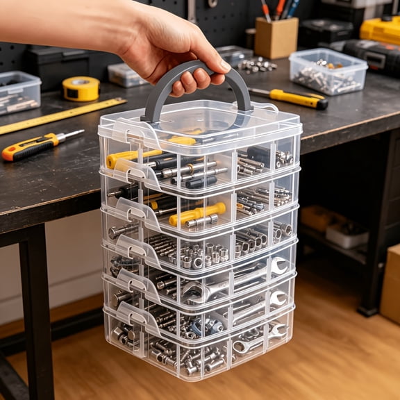 6 Layer Transparent Tool Storage Box, Multifunctional Plastic Organizer Case for Screws Hardware Accessories, Home Workshop Storage