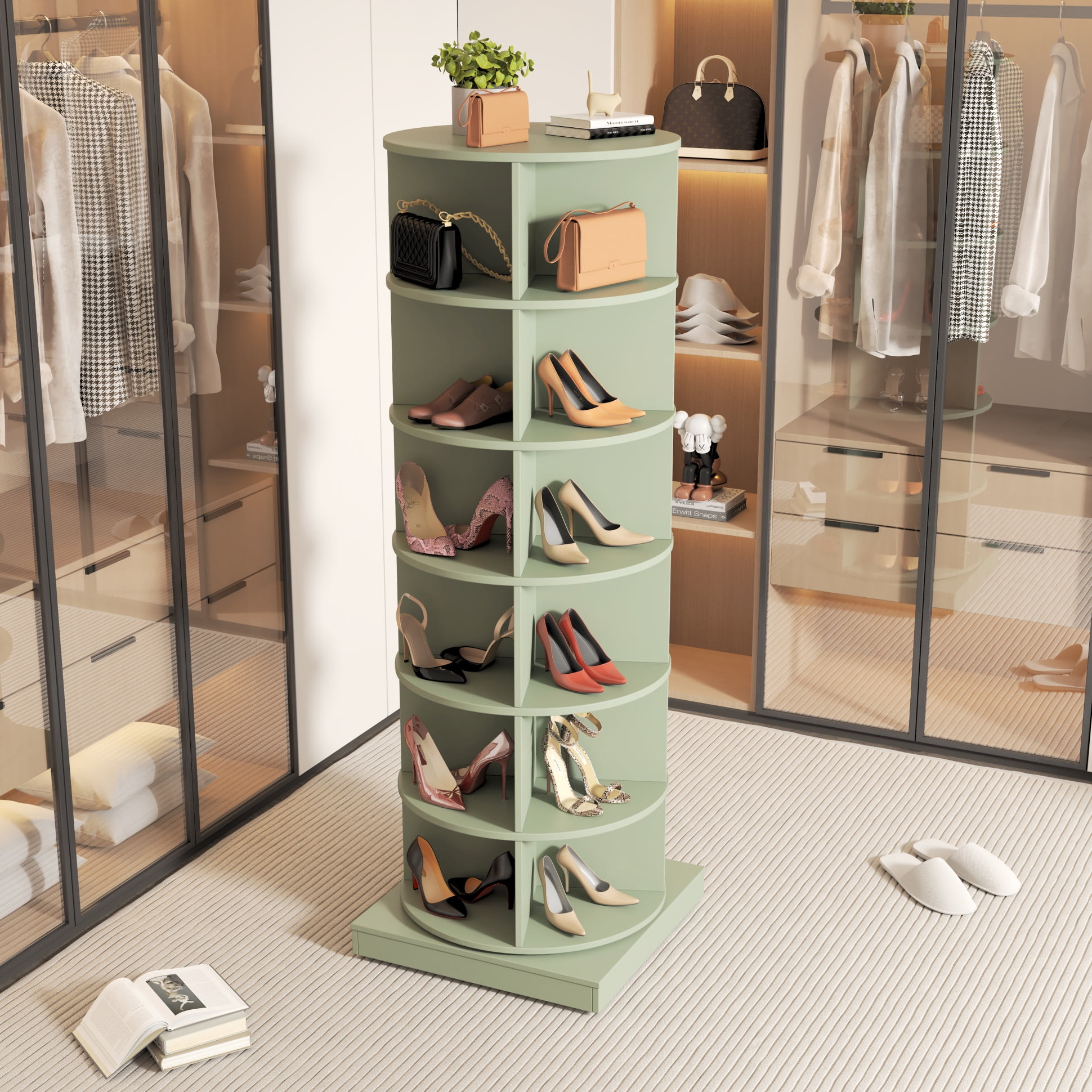 7 Layers 360 Rotating shoe cabinet Spinning Shoe Rack with Holding 28 pairs of shoes or bags Free Standing Rotate Shoes Closet Organizer for