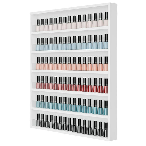 6 Layers Nail Polish Rack, Wall Mount Nail Polish Organizer w/Acrylic Baffle (White)