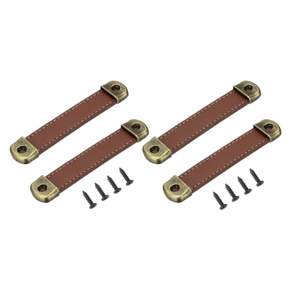 6" Leather Drawer Pulls with Iron Sheet, Leather Strap Trunk Handle Cabinet Knobs for Door Suitcase Luggage Light Brown