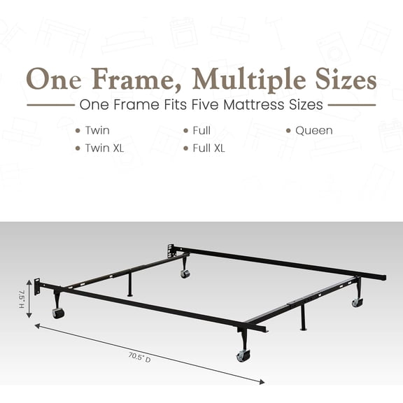 6-Leg Heavy Duty Adjustable Metal Queen, Full, Full XL, Twin, Twin XL, Bed Frame with Rug Rollers & Locking Wheels