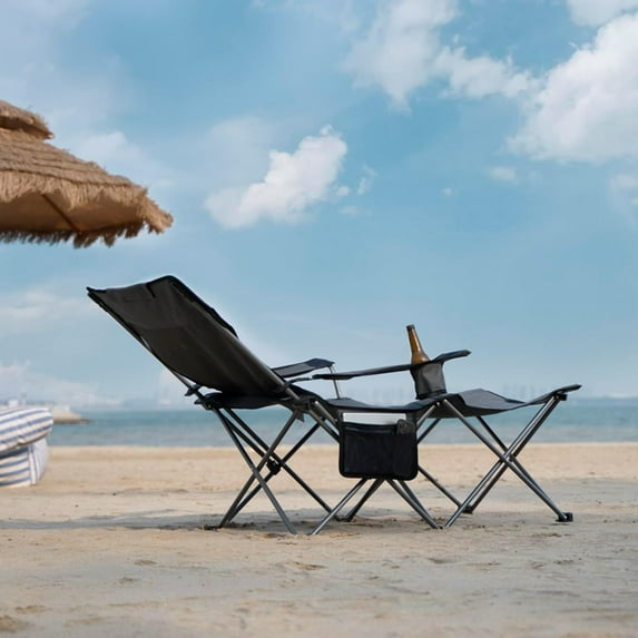 6 Legged Camping Chair with Foot , Adjustable Reclining Lounge Chair for Adults, Outdoor Folding Chair with Pillow & Carry Bag