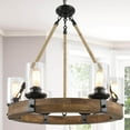 thumbnail image 1 of LNC 6-Light Distressed Wood and Black Wagon Wheel Chandelier with Seeded Glass, 1 of 5