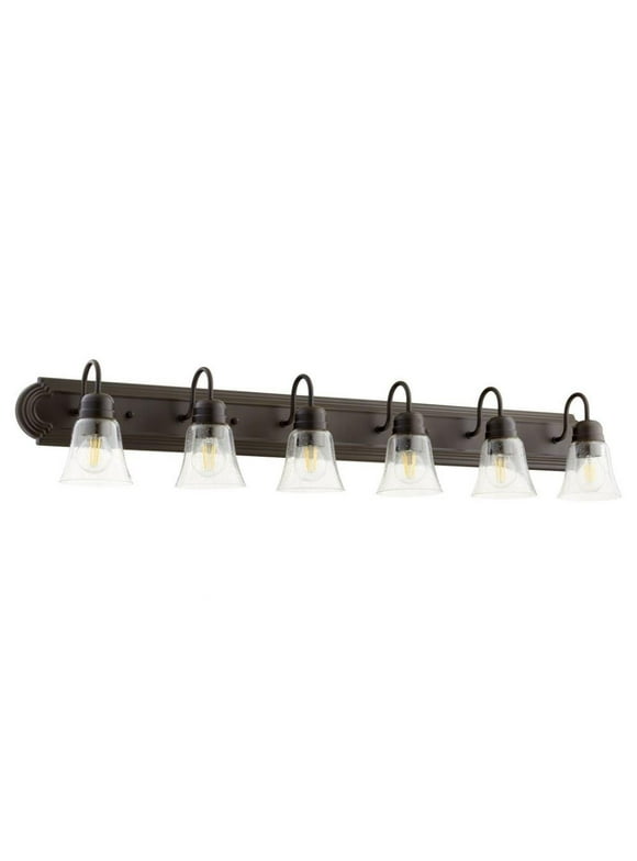 6-Light Bathroom Light with Bell-Shaped Glass Shades with Satin Nickel Back Plate 48 inches W  8 inches H-Oiled Bronze Finish-Clear Glass Color Bailey