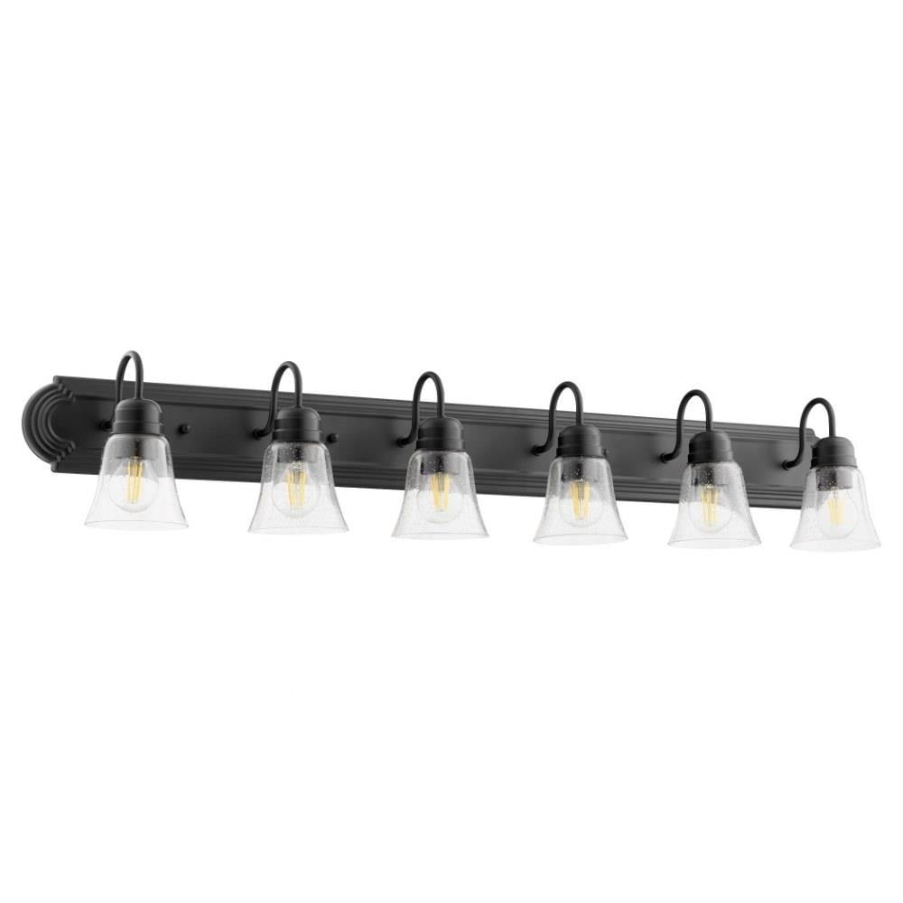 6-Light Bathroom Light with Bell-Shaped Glass Shades with Satin Nickel Back Plate 48 inches W 8 inches H-Noir Finish-Clear Glass Color Bailey Street
