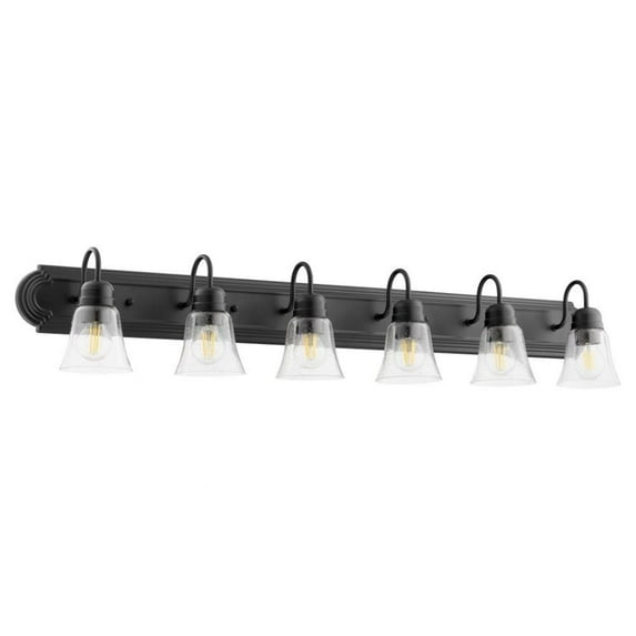6-Light Bathroom Light with Bell-Shaped Glass Shades with Satin Nickel Back Plate 48 inches W 8 inches H-Noir Finish-Clear Glass Color Bailey Street