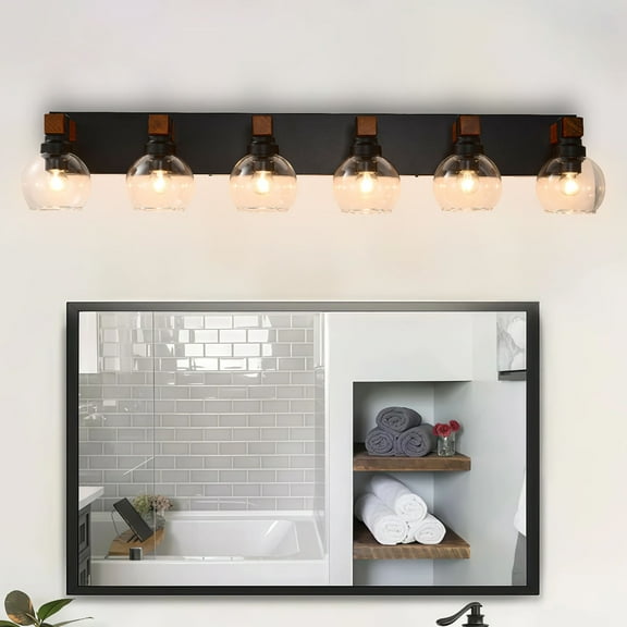 6 Light Bathroom Vanity Light Fixture,Black and Gold Bathroom Finish Over Mirror,Farmhouse Wall Sconces with Clear Glass Shade for Living Room Bedroom