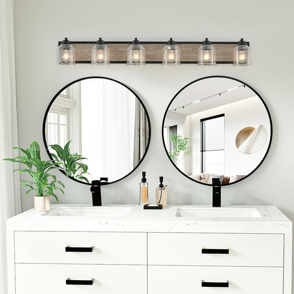 6-Light Bathroom Vanity Light Rustic Black Finish with Wood Backplate, E26, No Bulbs