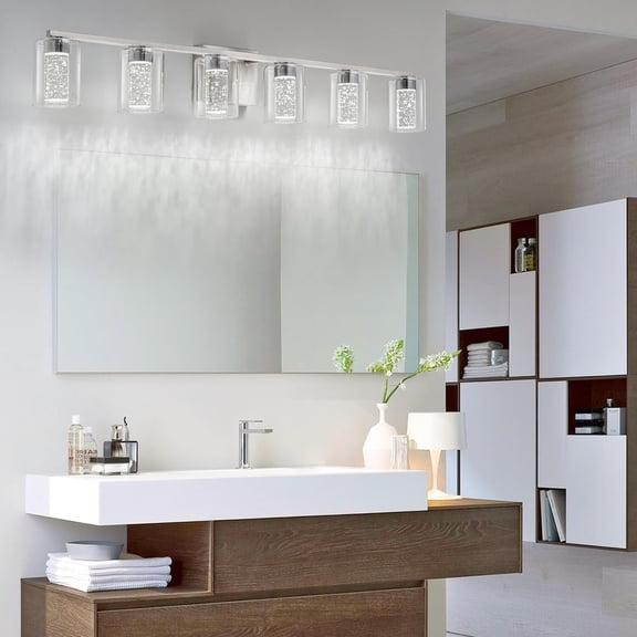 6-Light Bathroom Vanity Mirror Light, Crystal Bubble Glass Wall Light, LED Wick, 3-Tone Lighting