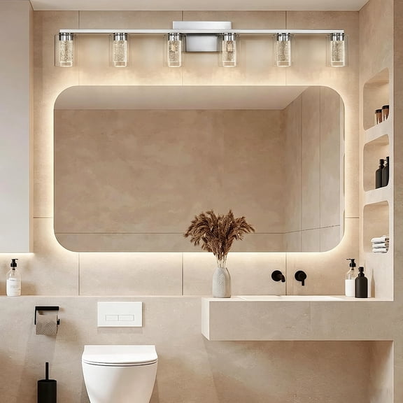 6-Light Bathroom Vanity Mirror Light, Crystal Bubble Glass Wall Light, LED Wick, 3-Tone Lighting
