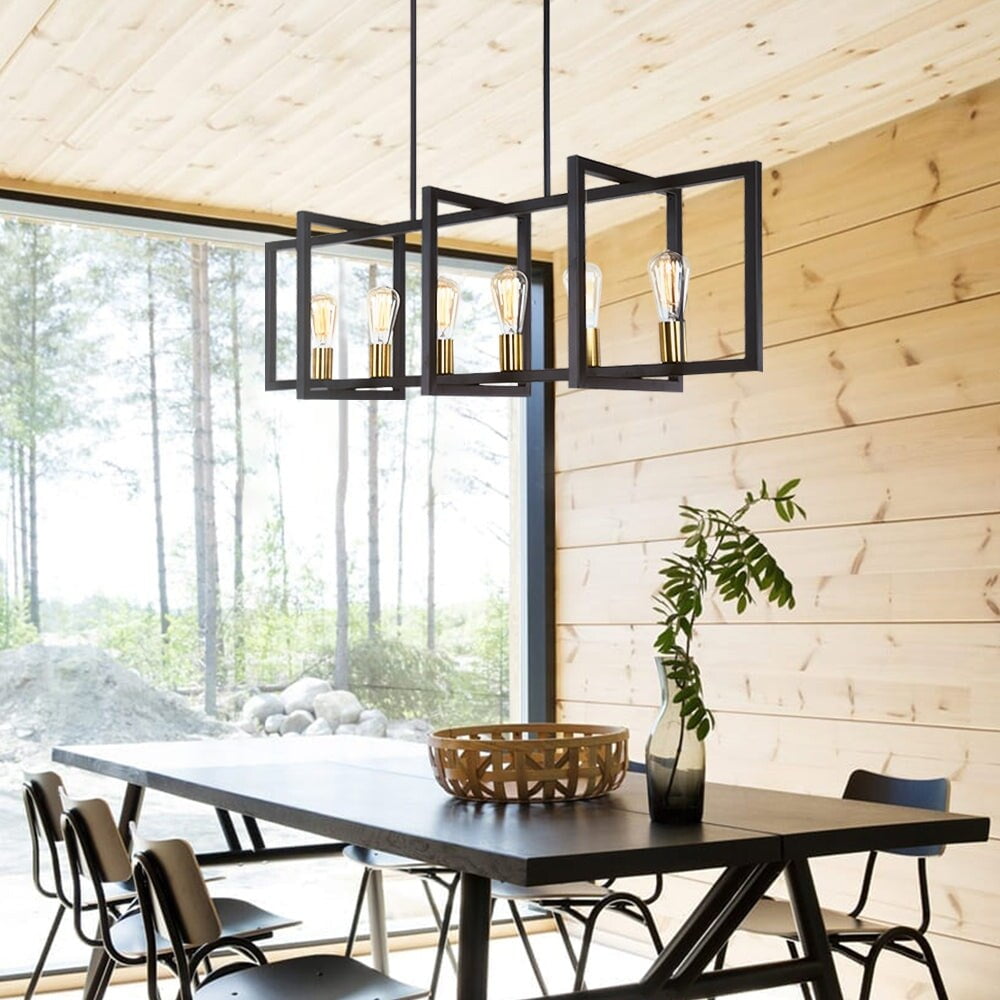 Black and Gold 6-Light Metal Rectangle Island Pendant