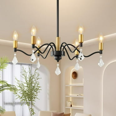 6-Light Black and Gold Chandelier with Crystal Decoration - Perfect for Farmhouse and Dining Room Lighting Fixtures