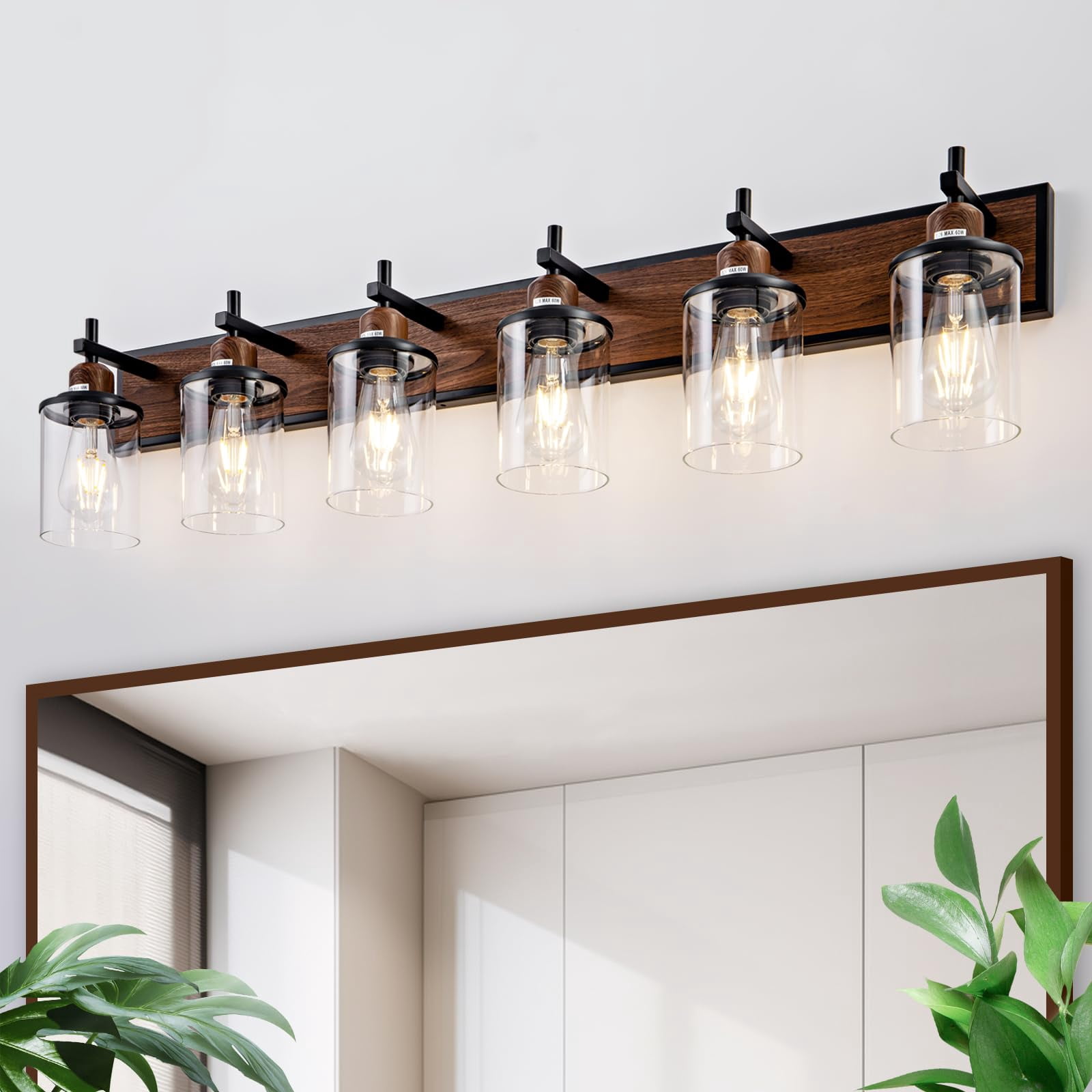 6-Light Black and Wood-painted Vanity Light Farmhouse Bathroom Fixture