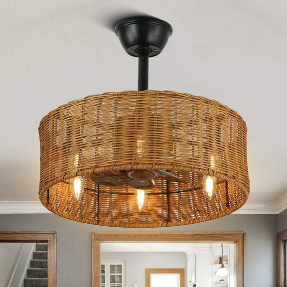 6-Light Bohemian Rattan-Woven Drum Ceiling Fan with Light and Remote Control, Bella Depot Black 3-Speed Chandelier