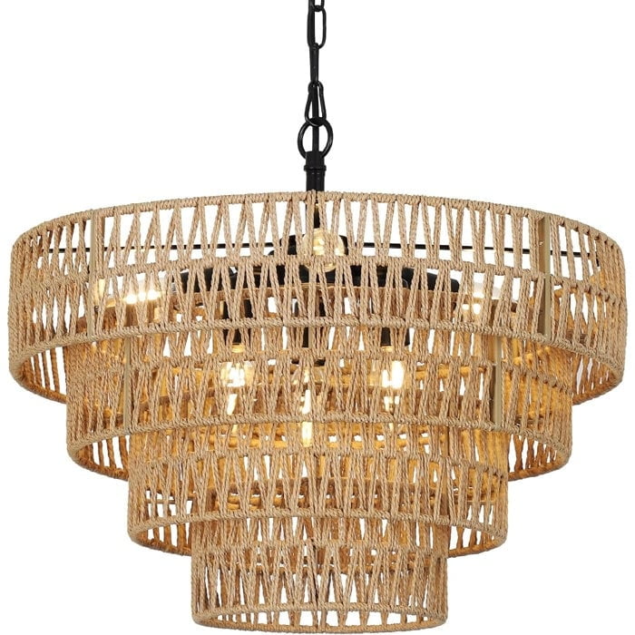 Hand-Woven Rattan and Black Iron 6-Light Chandelier