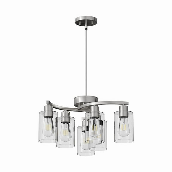 6-Light Brushed Nickel Chandelier - Adjustable Height (Up to 74.7"), Industrial Modern Design, Clear Glass Shades - For Dining Room & Kitchen Island