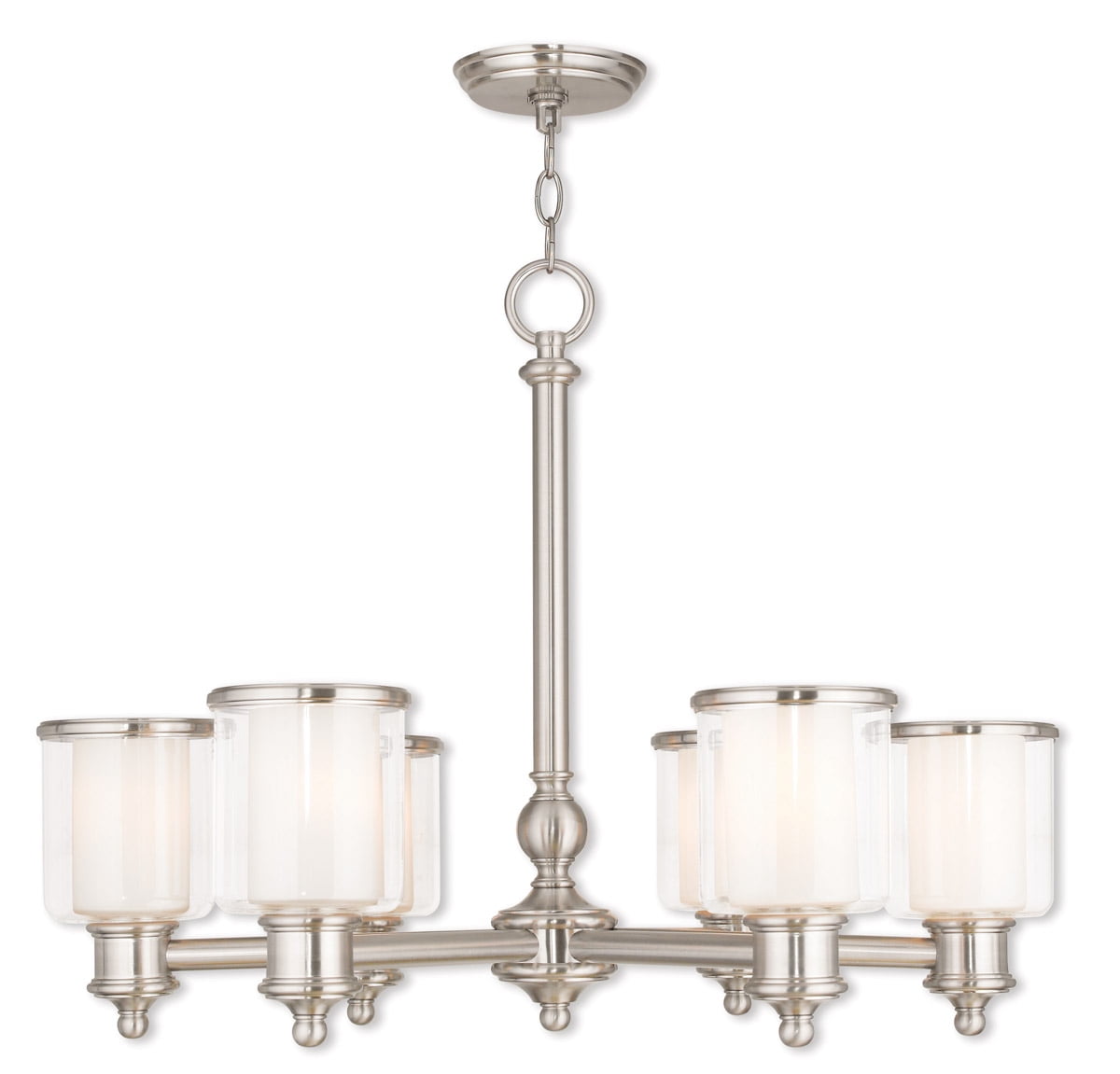 6 Light Brushed Nickel Chandelier with Clear Glass & Satin Opal White Glass Shade