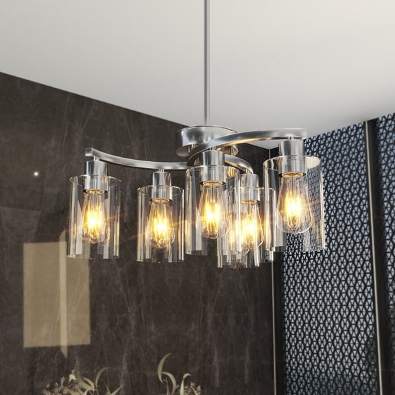 6-Light Brushed Nickel Chandeliers for Dining Room Light Fixtures over Table, Adjustable Height Hanging Industrial Pendant Lighting for Kitchen