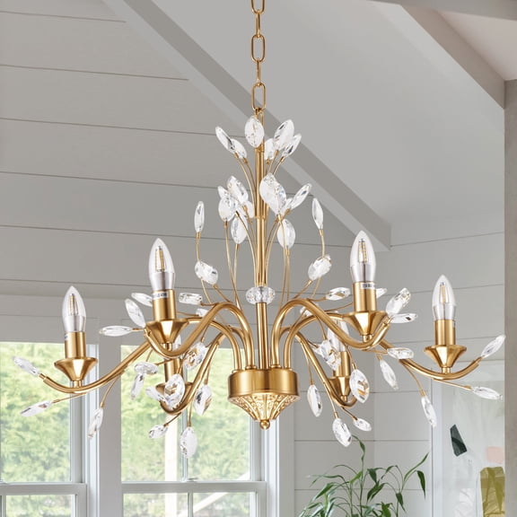 6-Light Candle-Style Crystal Chandelier - Antique Gold Wrought Iron Ceiling Fixture with 21.6" Chain & 4.3" Cast Mount for Farmhouse Dining Room Lighting