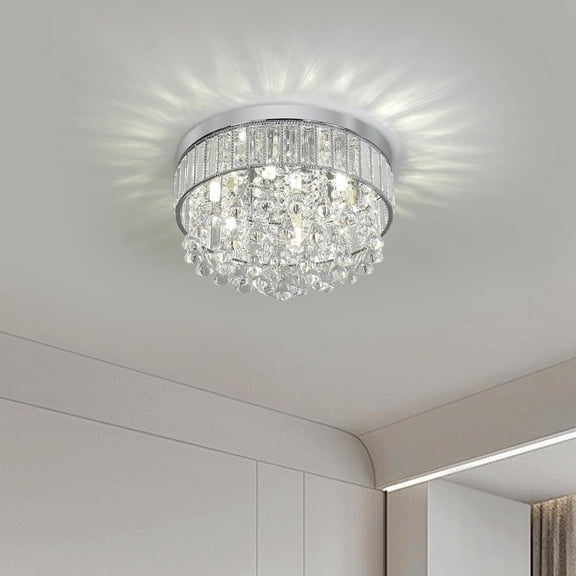 6-Light Crystal Chandelier, Semi Flush Mount Round K9 Crystal Raindrop Ceiling Lighting Fixture D14 X H9.5 for Living Room Hallway Dining Room, G9 Bulbs Base (Silver)