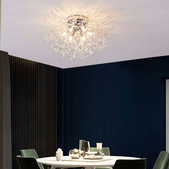 6 Light Crystal Firework Chandelier Dandelion Shaped Ceiling Light Fixture Light for Dining Room, Study Bedroom
