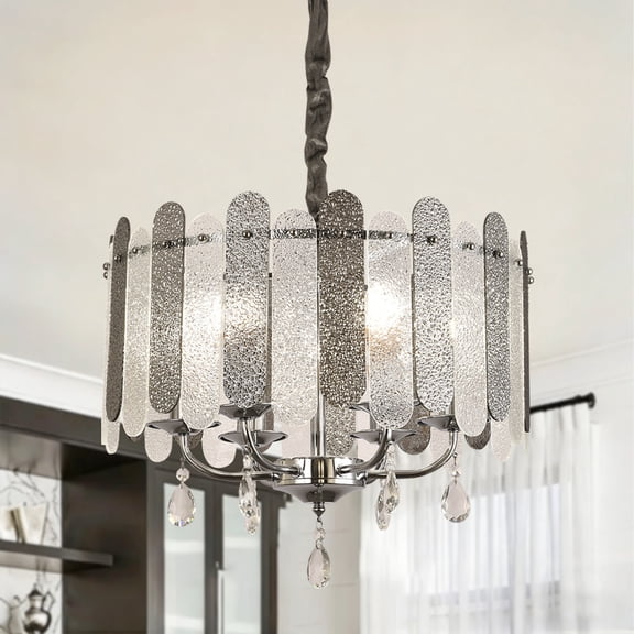 6-Light Crystal Pendant Chandelier, Adjustable Height Metal Frame Ceiling Light for Dining Living Room Kitchen, Bulbs Not Included