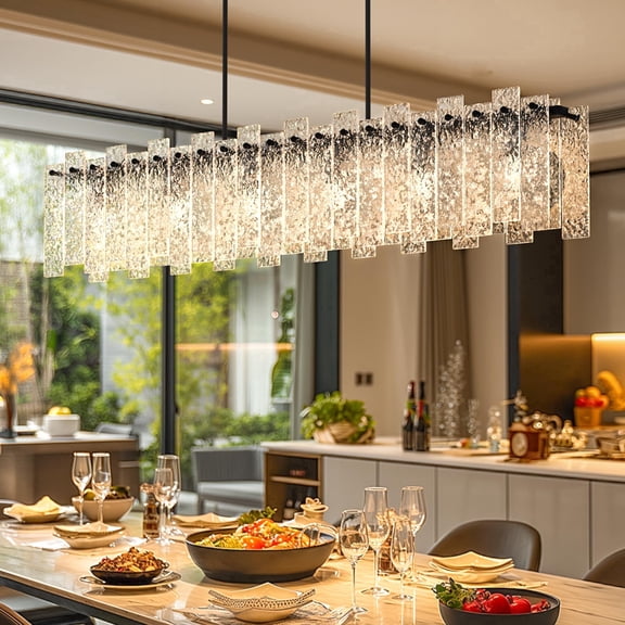 Kincubow 6-Light Black Linear Crystal Chandelier, 4FT Rectangle Dining Room & Kitchen Island Ceiling Light, E26 Base, Water Ripple Glass