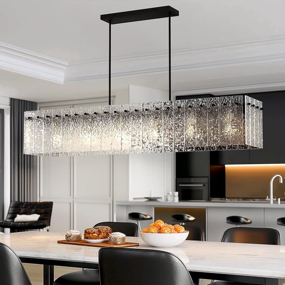 Kincubow 6-Light Black Linear Crystal Chandelier with Water Ripple Glass for Dining Room and Kitchen Island, E26 Base