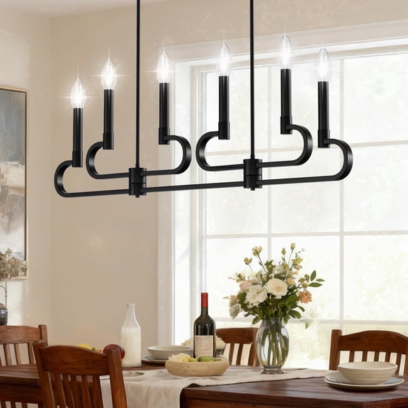 Kincubow 6-Light Farmhouse Chandelier, Black Kitchen Island Ceiling Candle Light Fixture with Adjustable Height, E12 Base