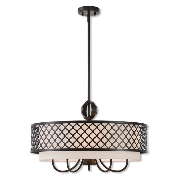 6 Light English Bronze Pendant Chandelier with Hand Crafted Oatmeal Color Fabric Shade