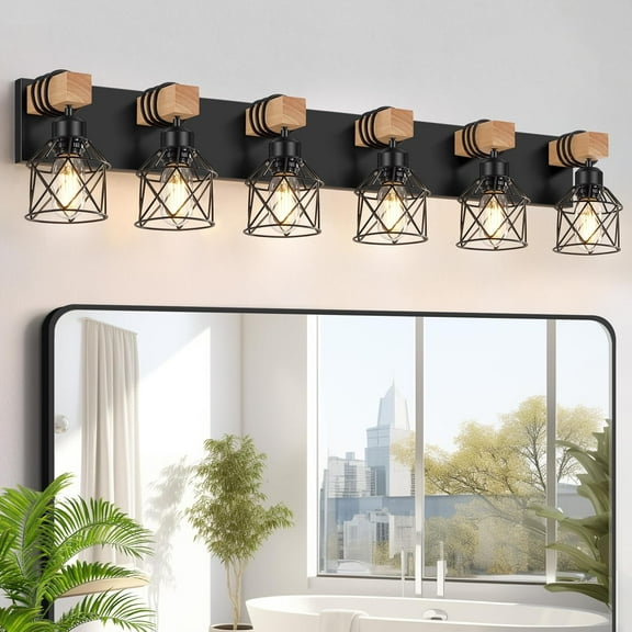 6-Light Farmhouse Bathroom Lighting Fixtures, Wood Black Vanity Lights Over Mirror, Rustic Wall Sconces Lighting with Metal Lampshade, Vintage Wall Lights for Bedroom, Living Room, Hallway