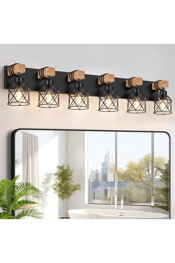 6-Light Farmhouse Bathroom Lighting Fixtures, Wood Black Vanity Lights Over Mirror, Rustic Wall Sconces Lighting with Metal Lampshade, Vintage Wall Lights for Bedroom, Living Room, Hallway