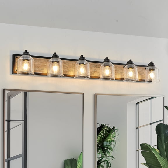 6-Light Farmhouse Bathroom Vanity Light, Brown Metal Vanity Light with Glass Shades,Rustic Wall Sconce Lighting Fixtures Over Mirror for Barhroom,Kitchen 48.5in
