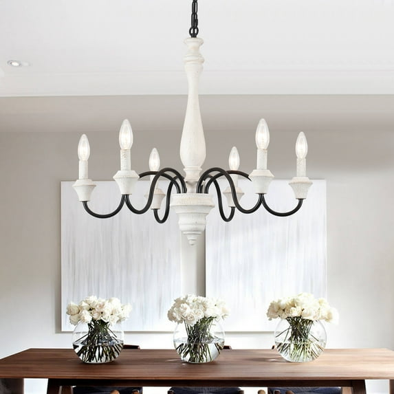 6-Light Farmhouse Branches Chandelier for Bedroom Study Dining Room Black+Retro White