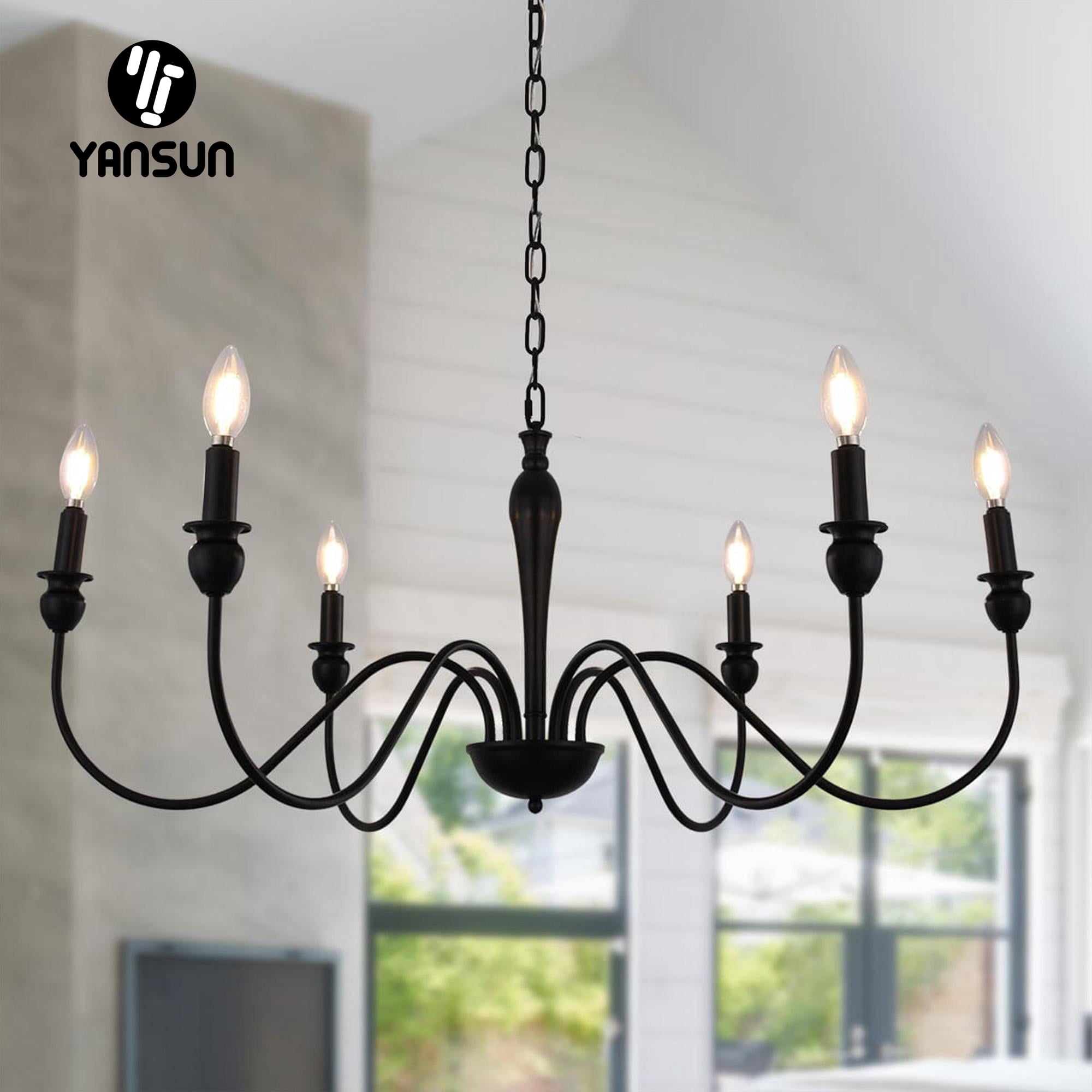 YANSUN 6-Light Matte Black Farmhouse Chandelier, Rustic Industrial Candle Chandelier for Kitchen Island, Dining Room and Bedroom