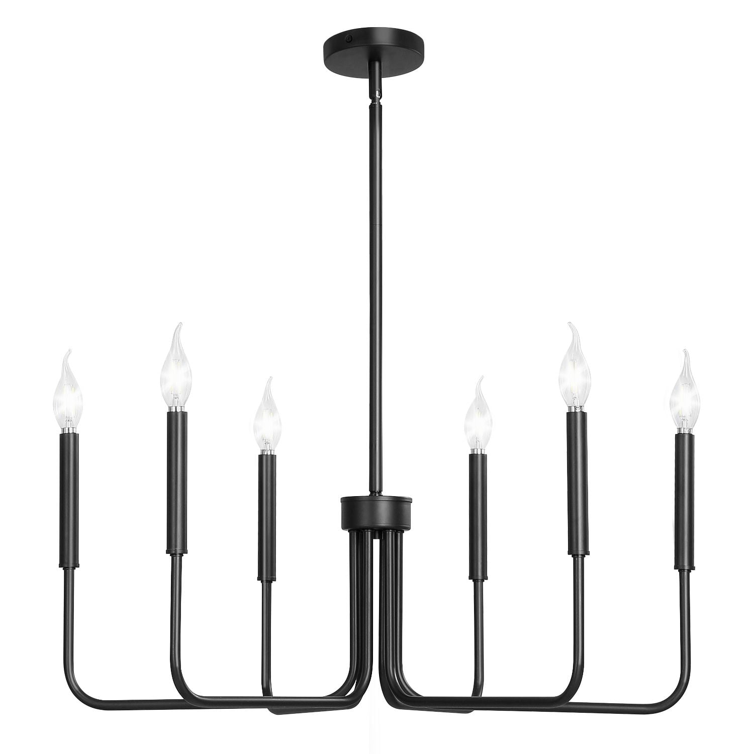 6-Light Farmhouse Chandelier with Adjustable Height, Black Metal Frame, E12 Sockets, for Dining Room Living Room Kitchen