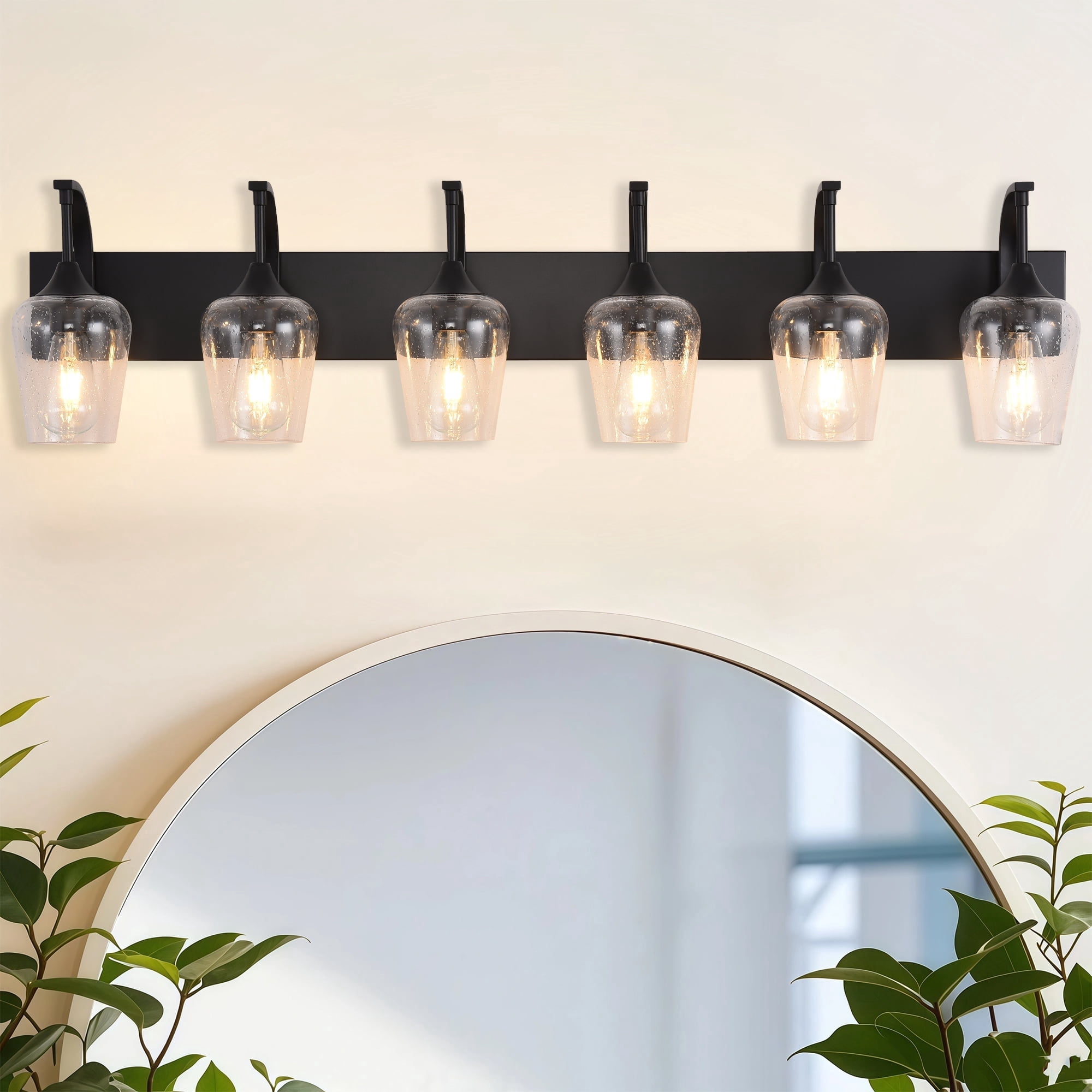 6 Light Farmhouse Vanity Light 44.48in Modern Black Bathroom Light Fixture Over Mirror with Seeded Glass, Wall Sconce for Bathroom