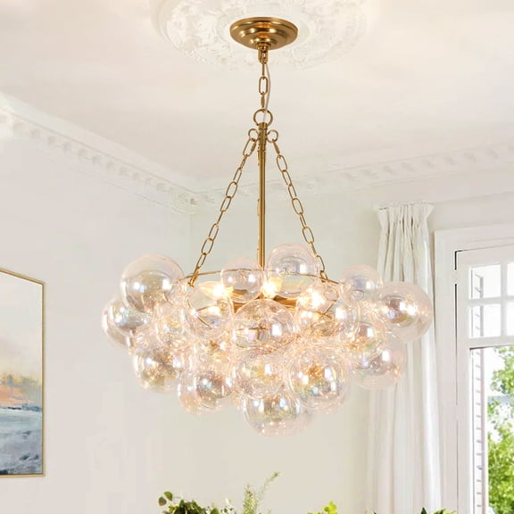 6-Light Gold Chandelier with Smooth Colored Globe Glass, 25 Inch Mid-Century Bubble Ceiling Light