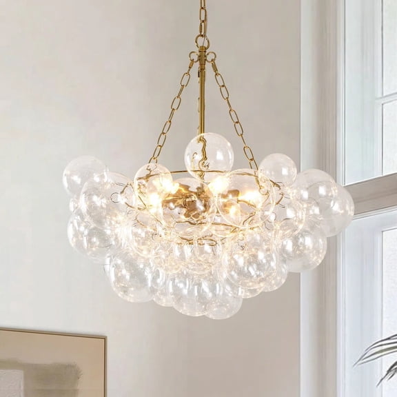 6-Light Gold Mid-Century Bubble Chandelier with Smooth Clear Globe Glass, 25 Inch Ceiling Light for Dining Room, Living Room