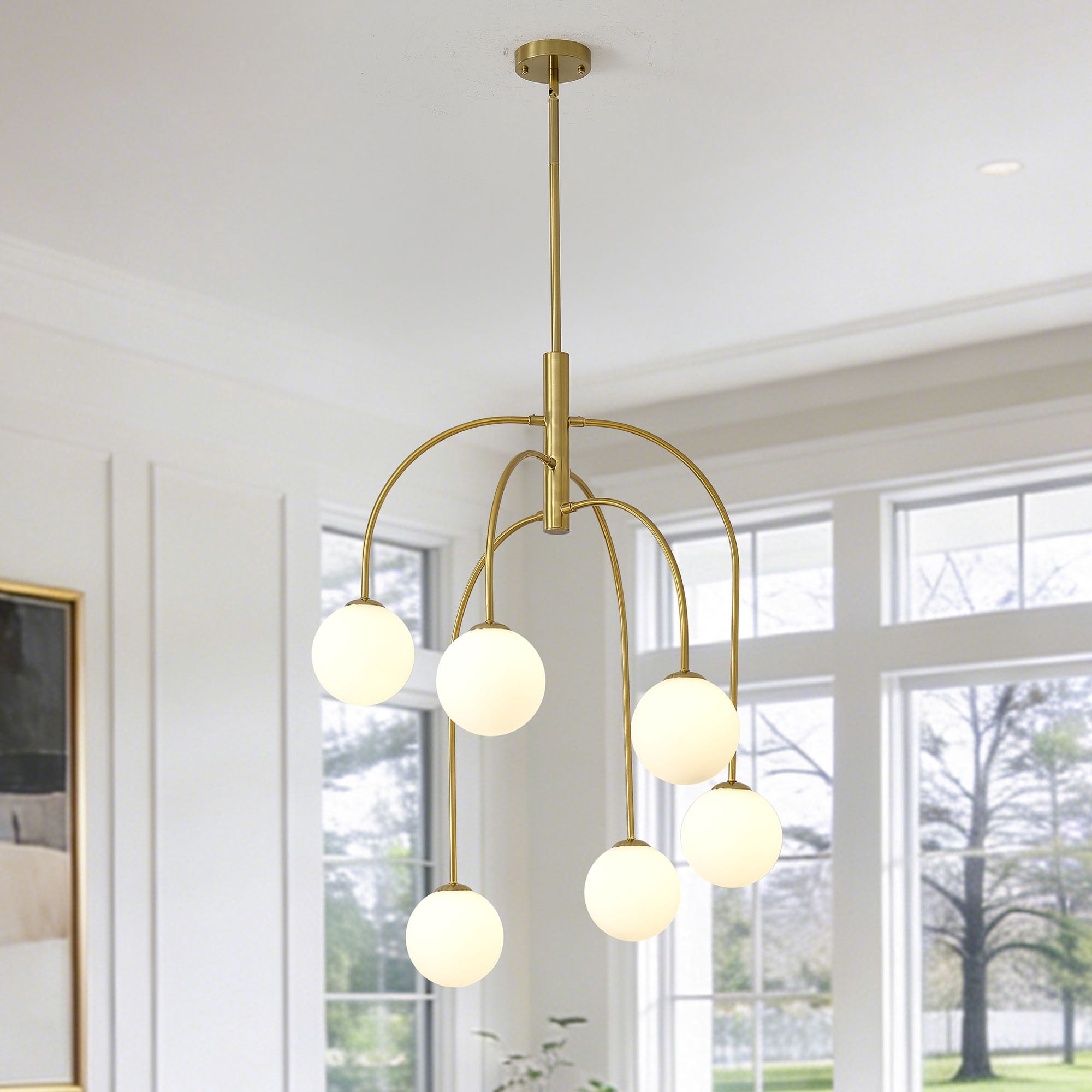 6-Light Gold Sputnik Chandelier,Mid Century Modern Chandelier with Milk Glass Shades,Large Pendant Light Fixture for Dining Room Kitchen Island
